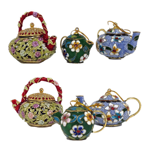 Collectible Miniature Teapot Ornaments Enamel SET/3